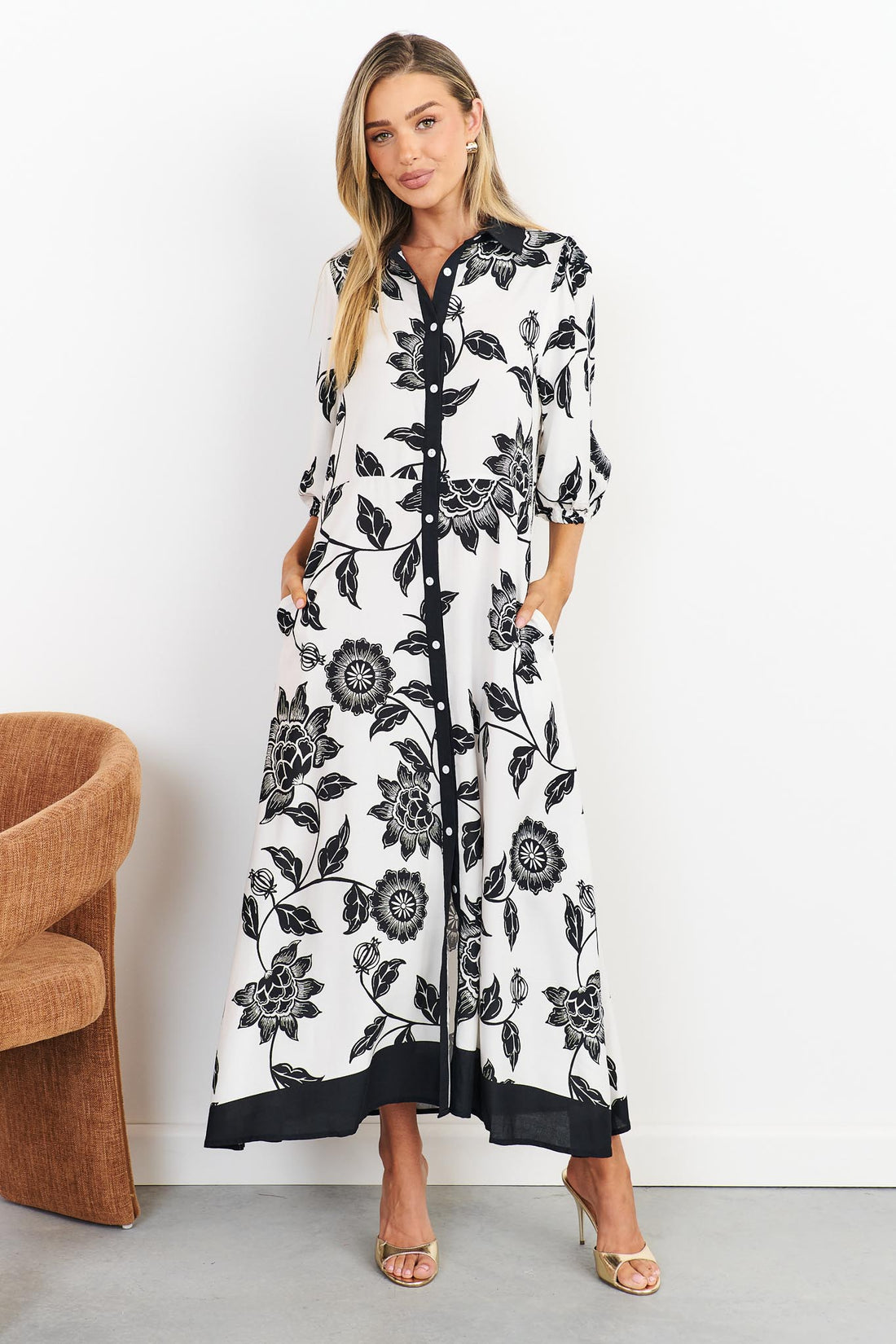 Rosa floral shirt dress in black and white