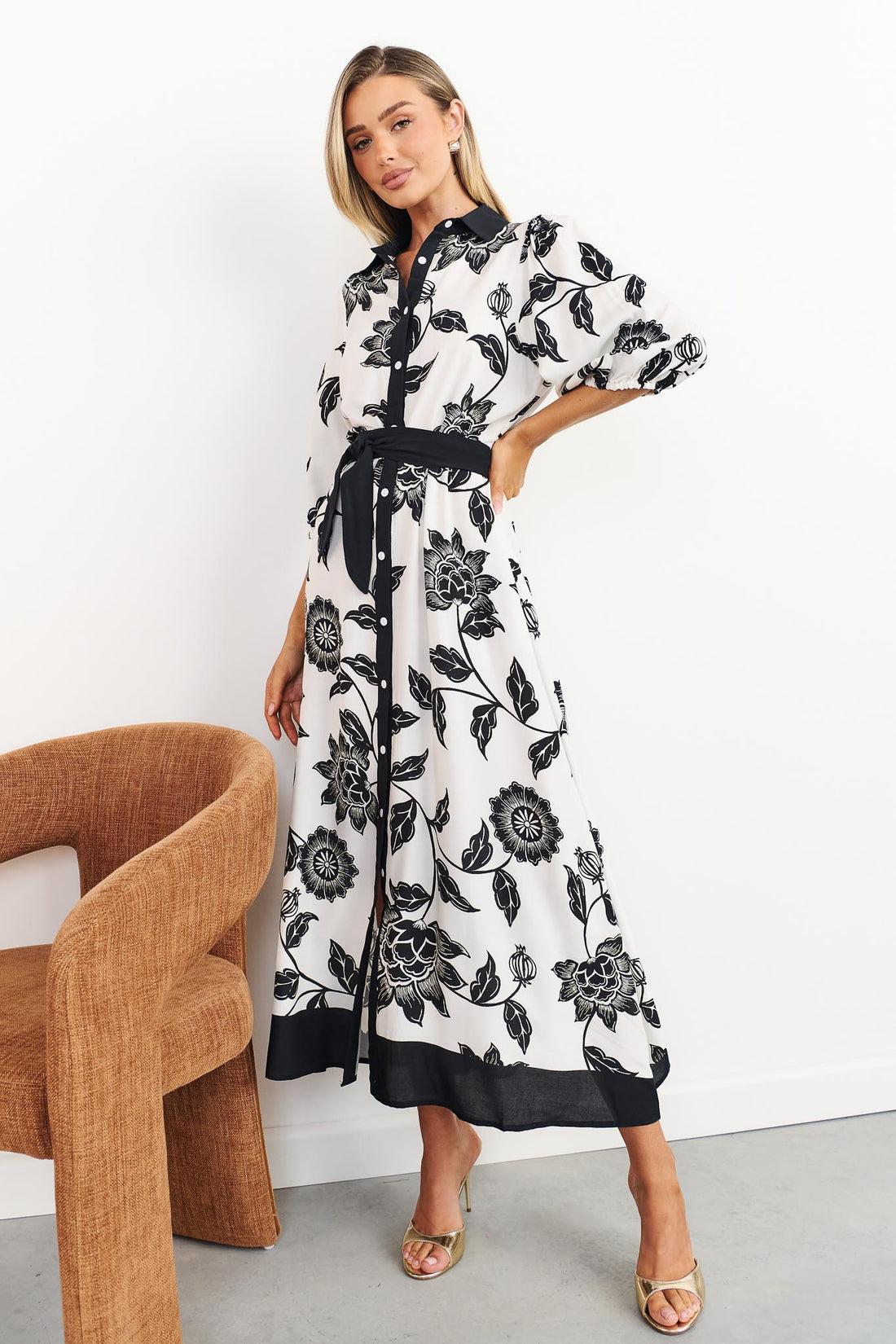 Rosa floral shirt dress in black and white with black waist tie