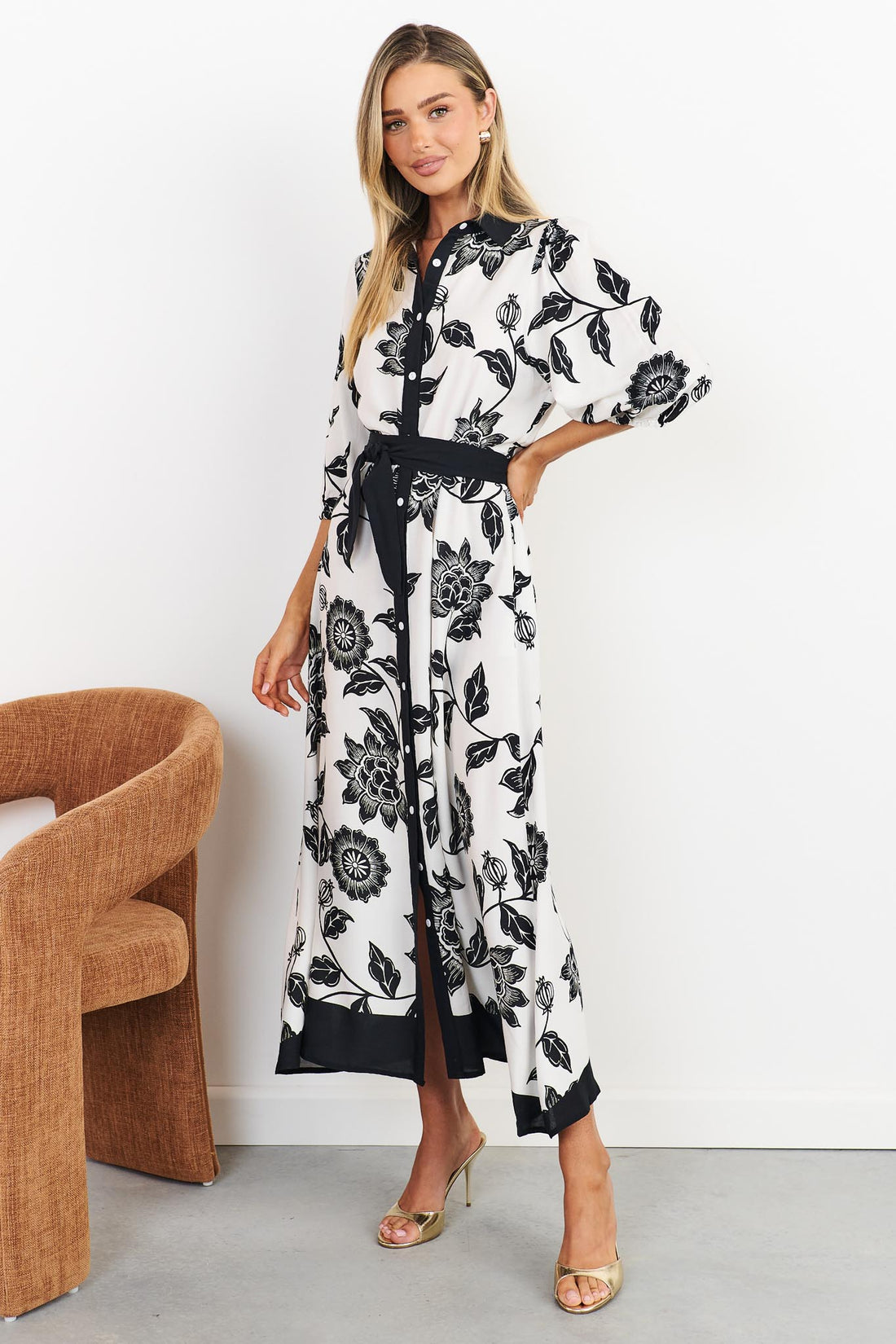 Rosa floral shirt dress in black and white with black waist tie