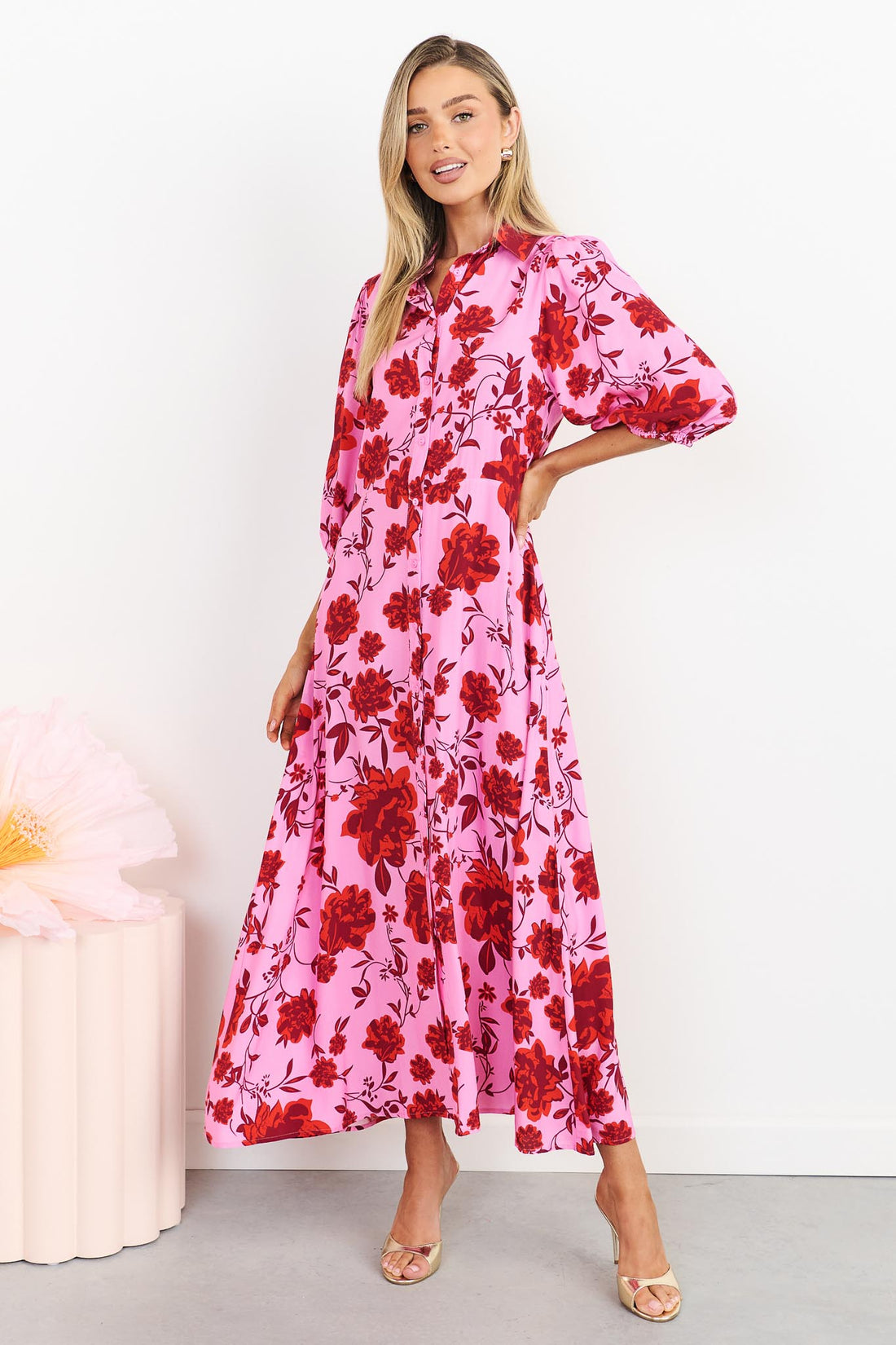 Rosa floral shirt dress in hot pink