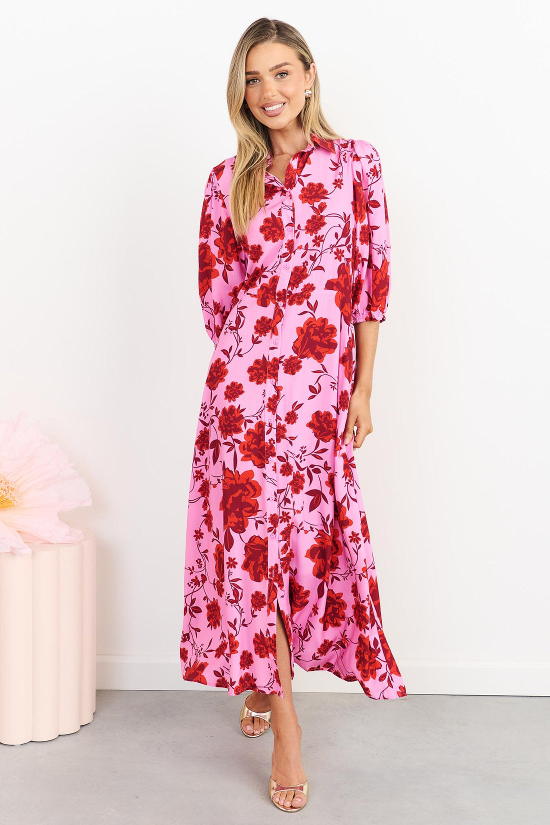 Rosa floral shirt dress in hot pink