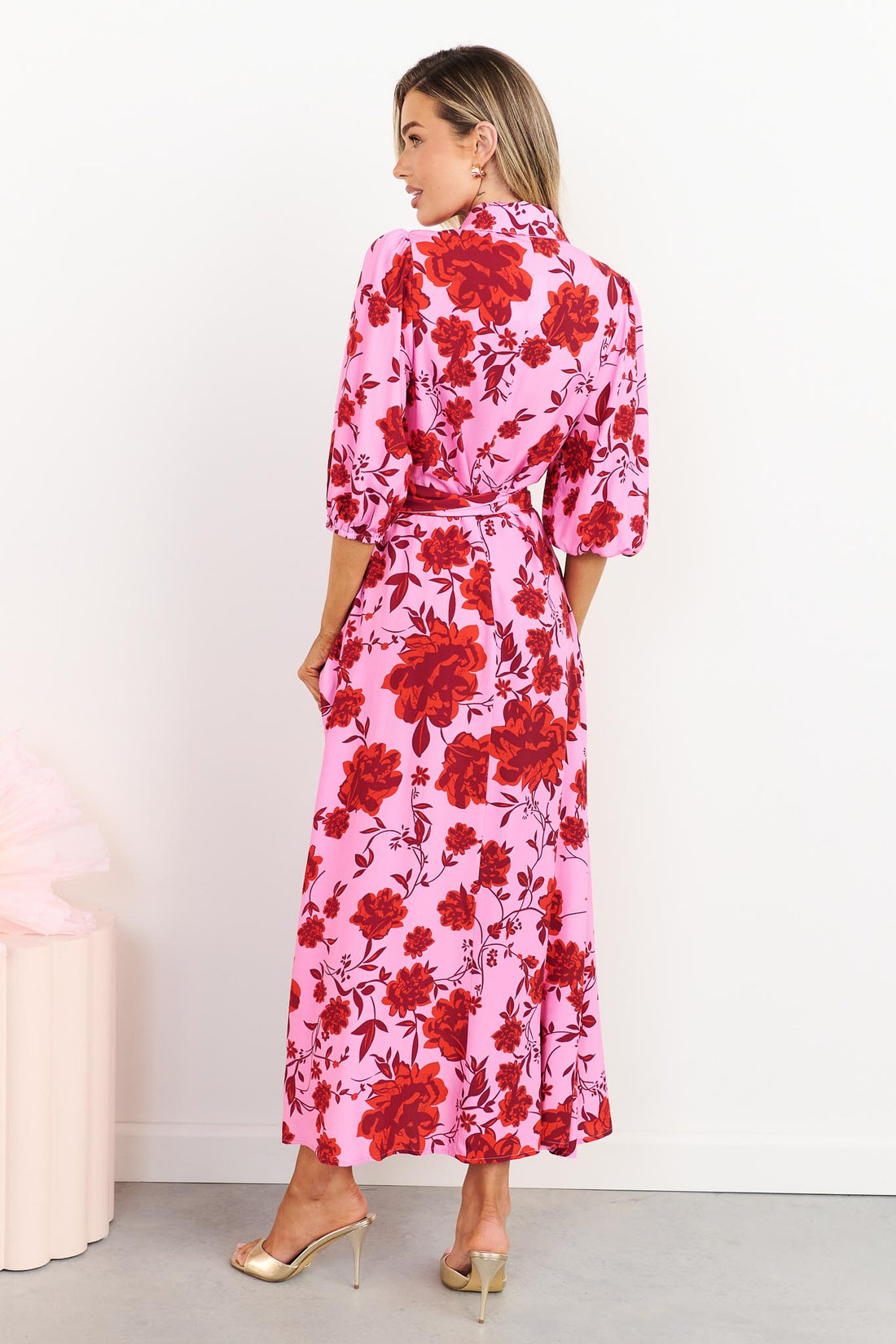 Back view of Rosa floral shirt dress in hot pink with matching waist tie
