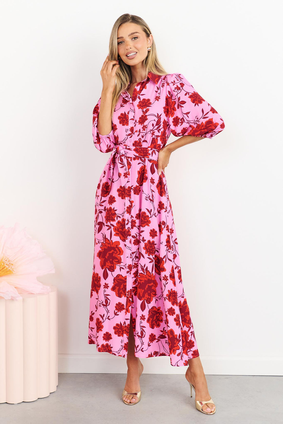 Rosa floral shirt dress in hot pink with matching waist tie