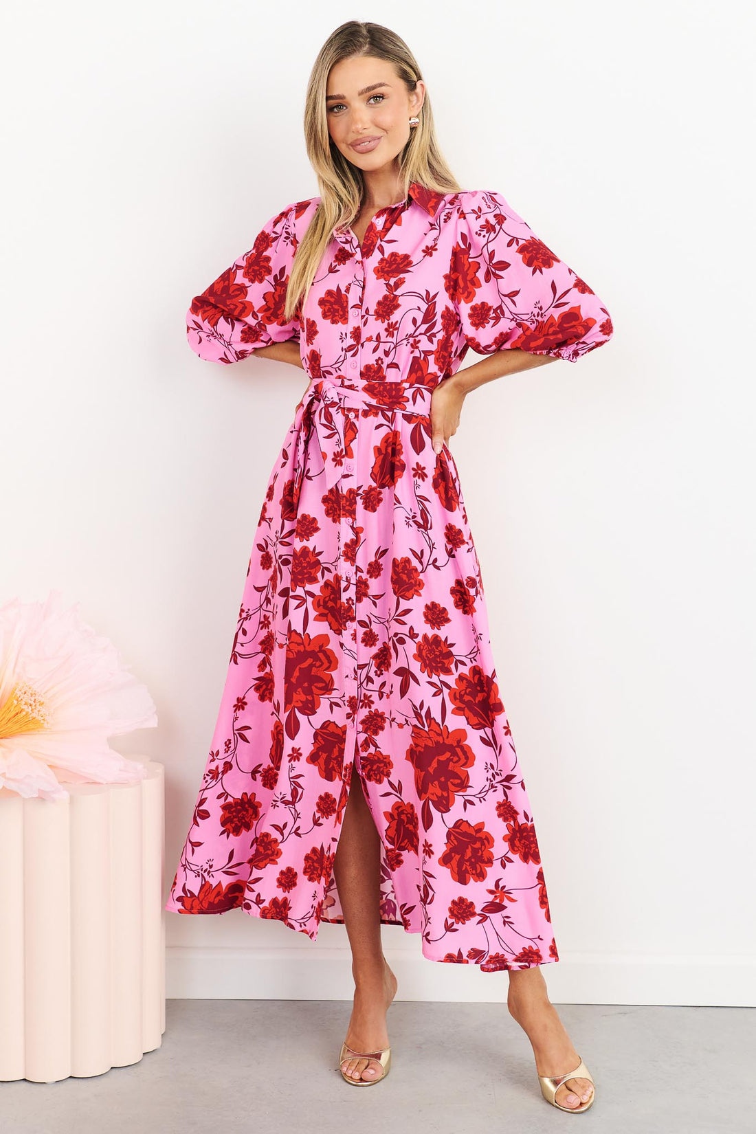 Rosa floral shirt dress in hot pink with matching waist tie