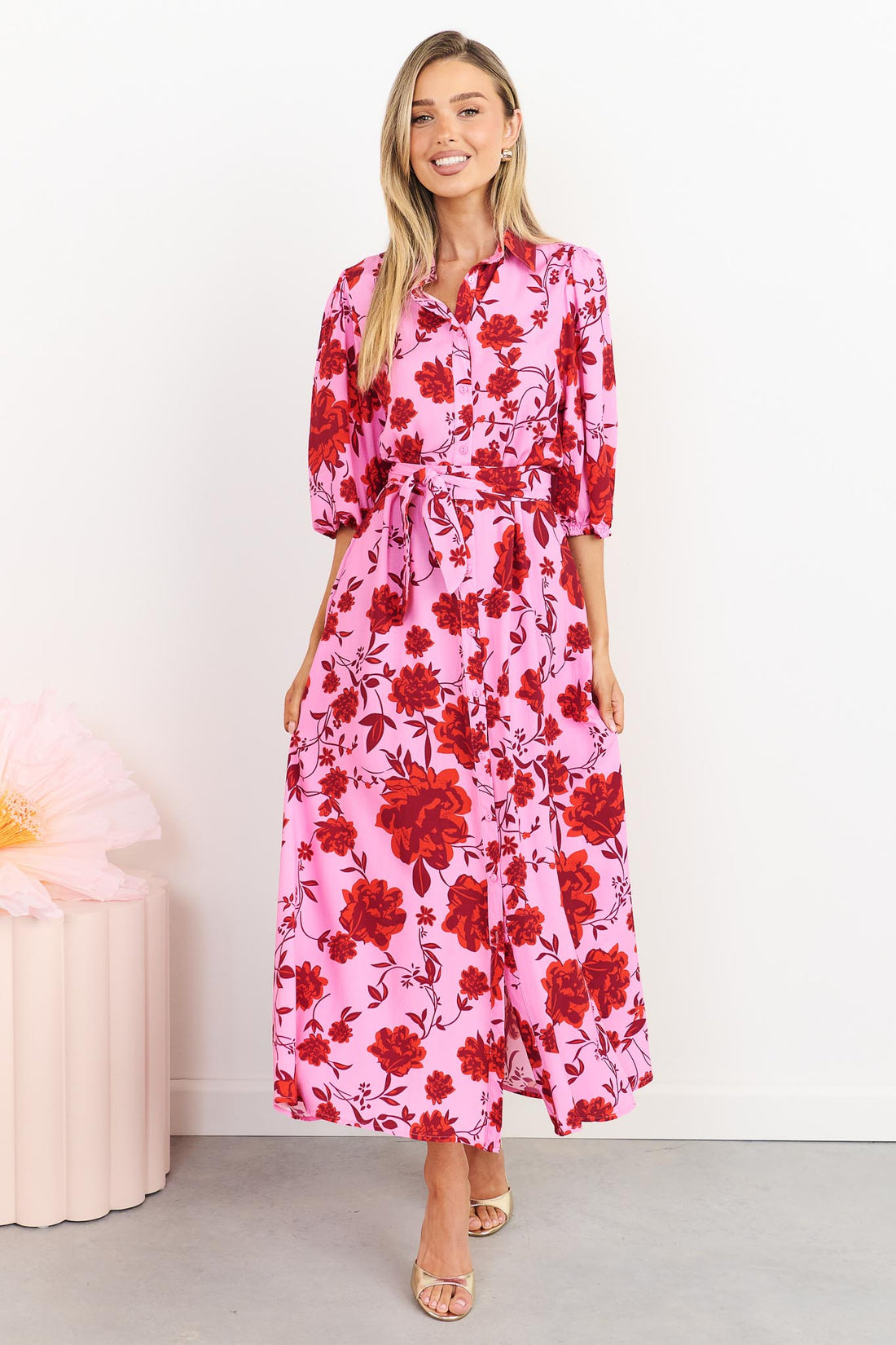 Rosa floral shirt dress in hot pink with matching waist tie