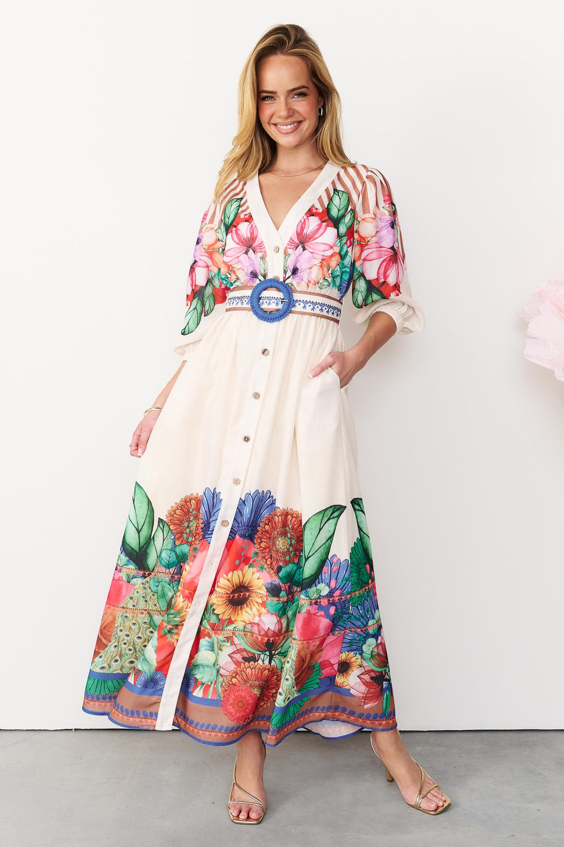Rosabella maxi shirt dress with flowers, stripes and a blue buckle belt