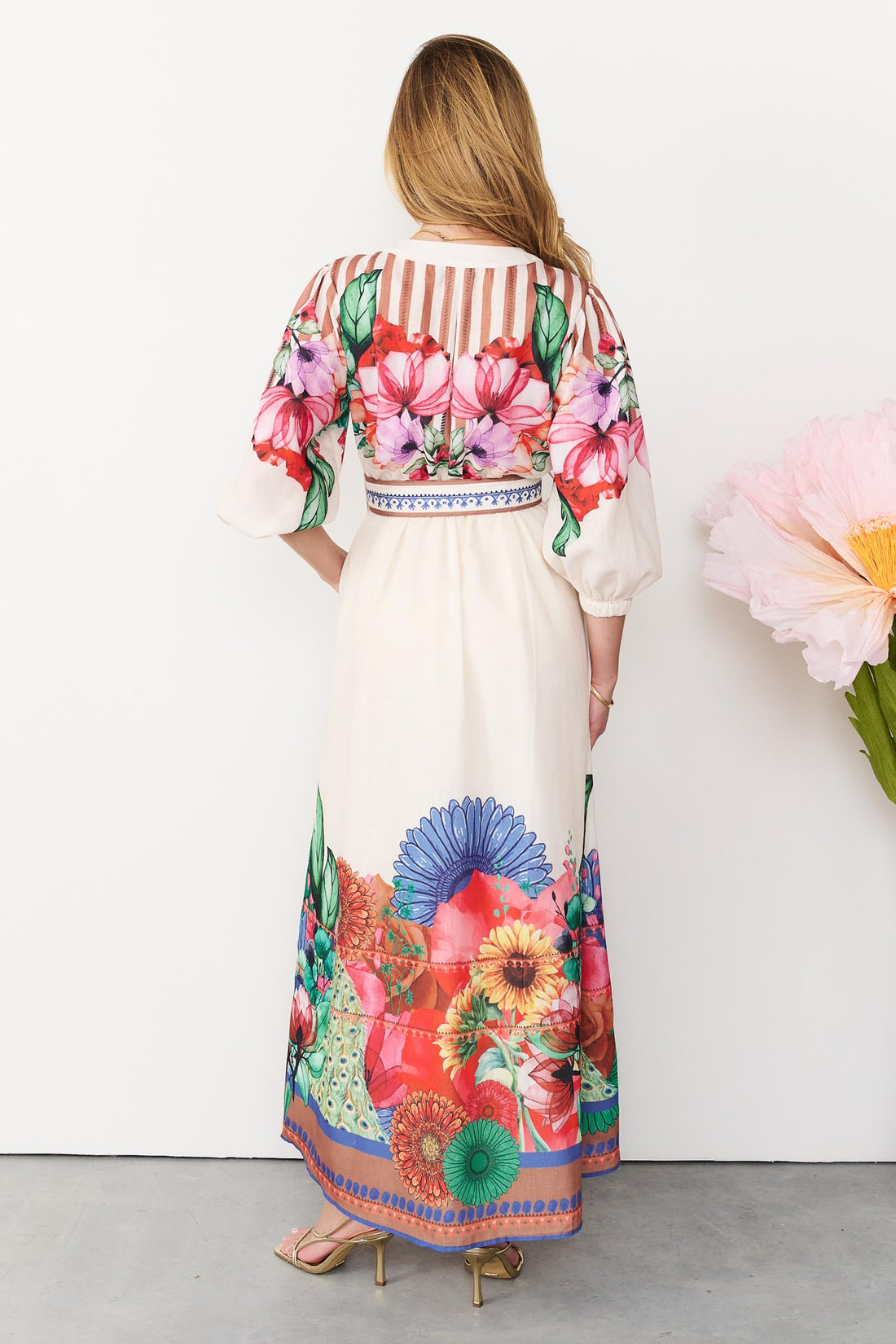 Back view of the Rosabella maxi shirt dress with a bright floral and stripe print