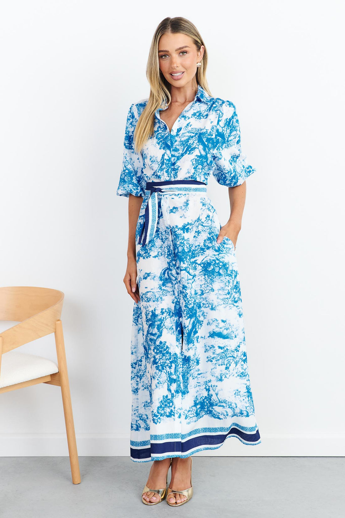 Blue toile print shirt dress with stripe waist tie and pockets
