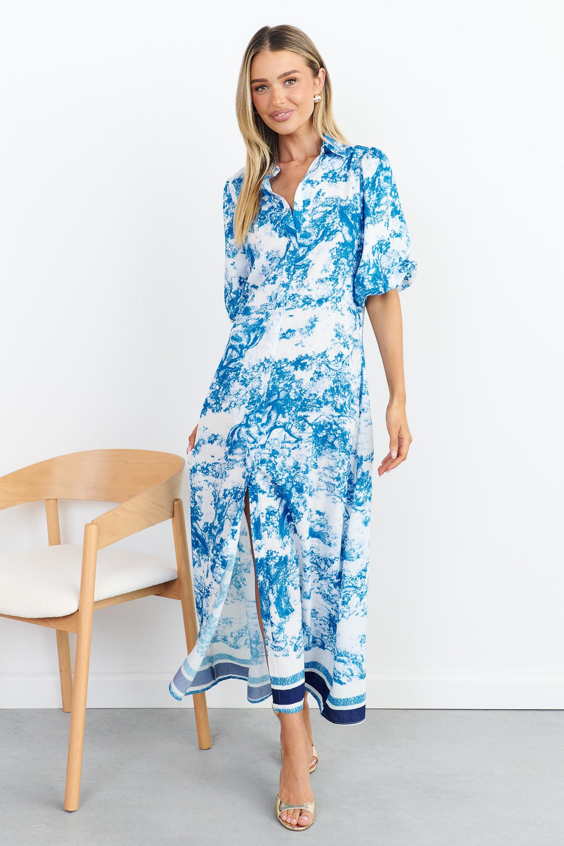 Blue toile print shirt dress with stripe hem