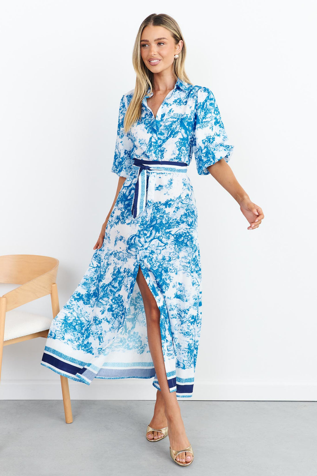 Blue toile print shirt dress with stripe waist tie and short puff sleeves