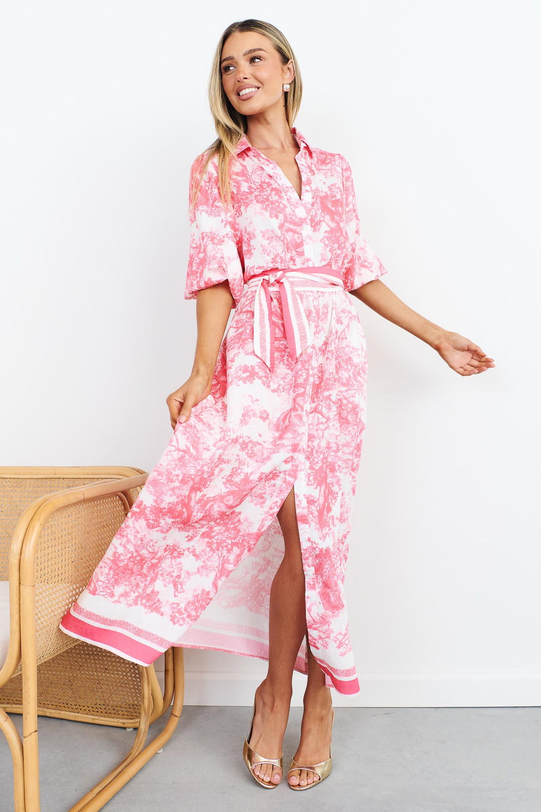 Pink toile print shirt dress with a pink stripe waist tie