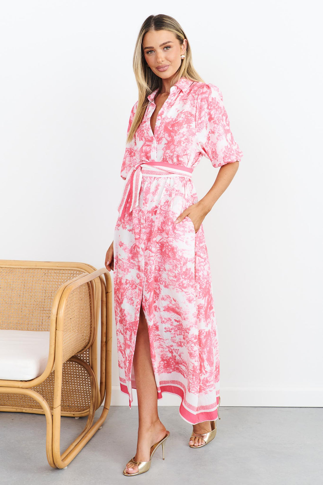 Pink toile print shirt dress with pockets and a pink stripe waist tie