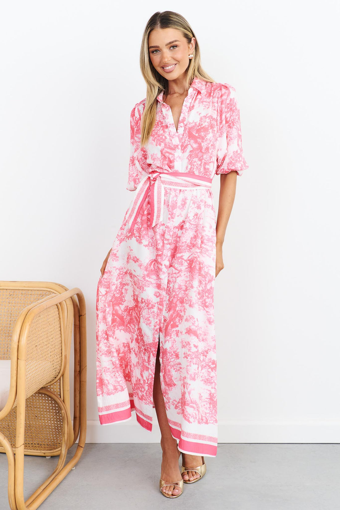 Pink toile print shirt dress with a pink stripe waist tie