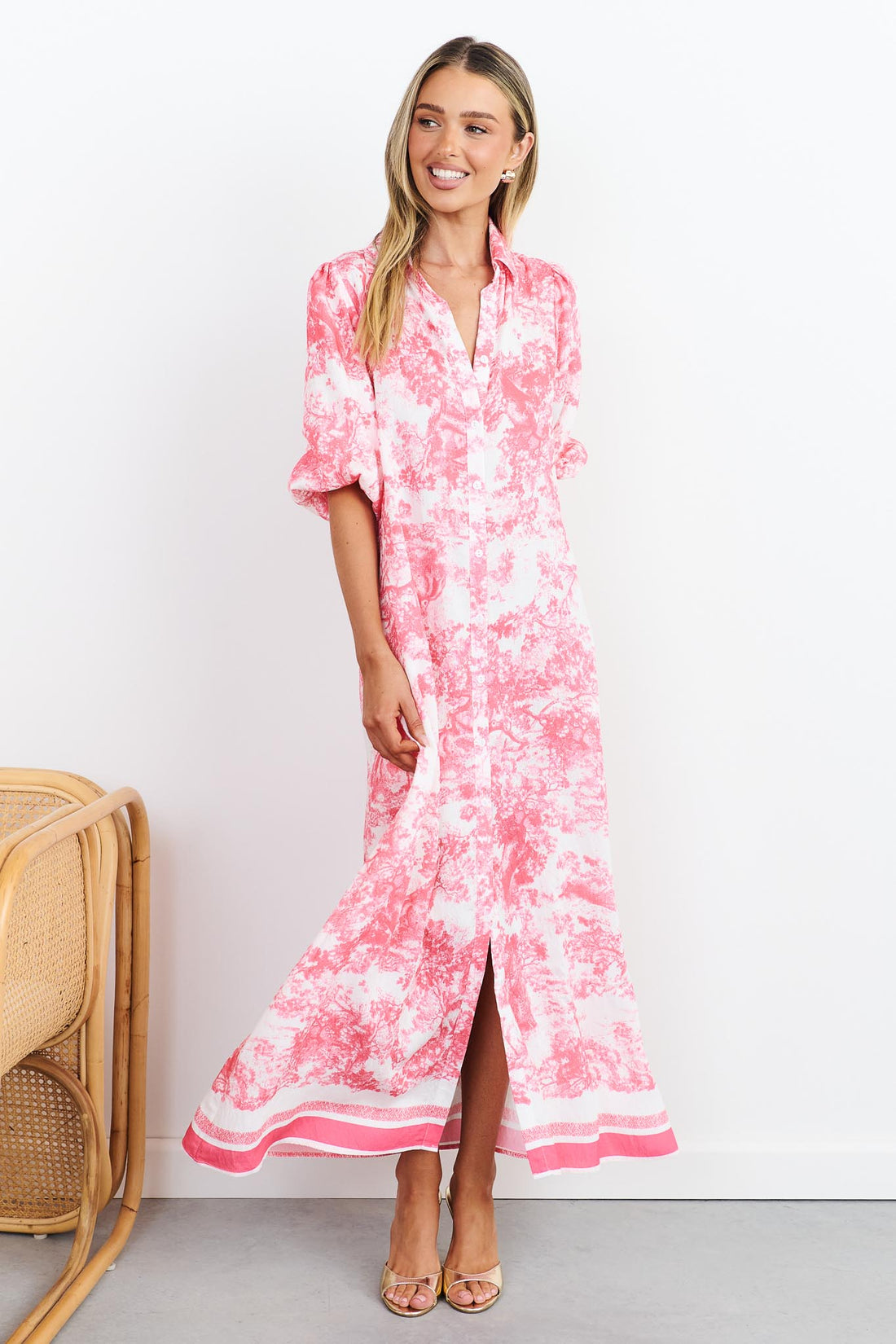 Pink toile print shirt dress