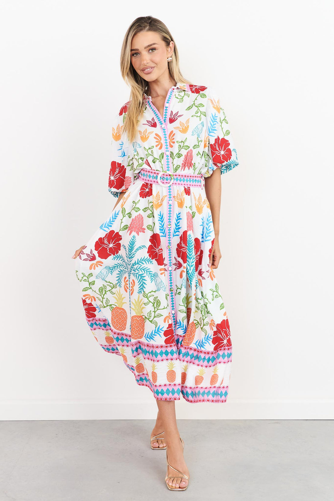 Valencia floral midi dress with pineapple print, short sleeves and matching belt