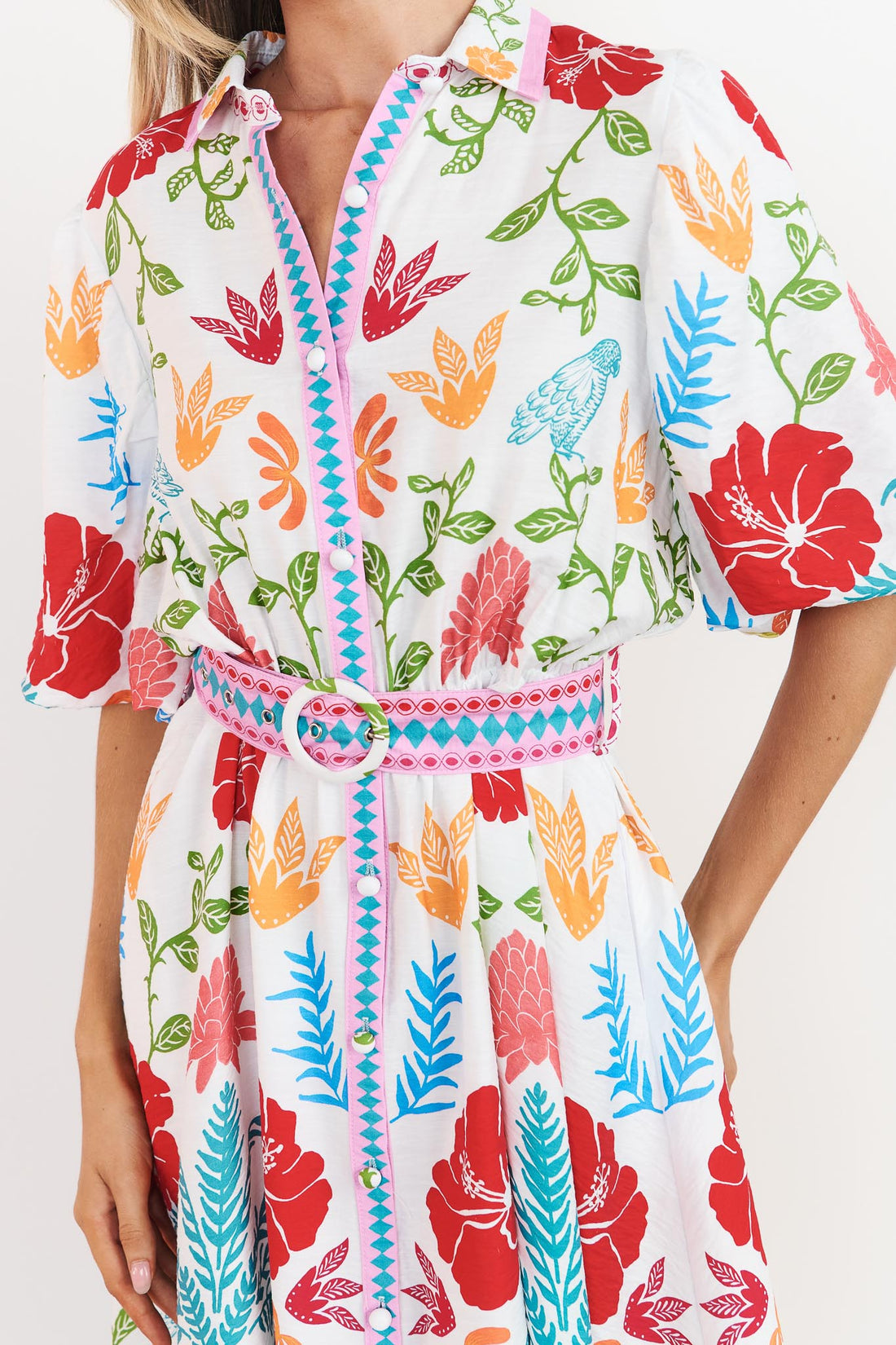 Detail of Valencia floral midi dress with pineapple print, short sleeves and matching belt